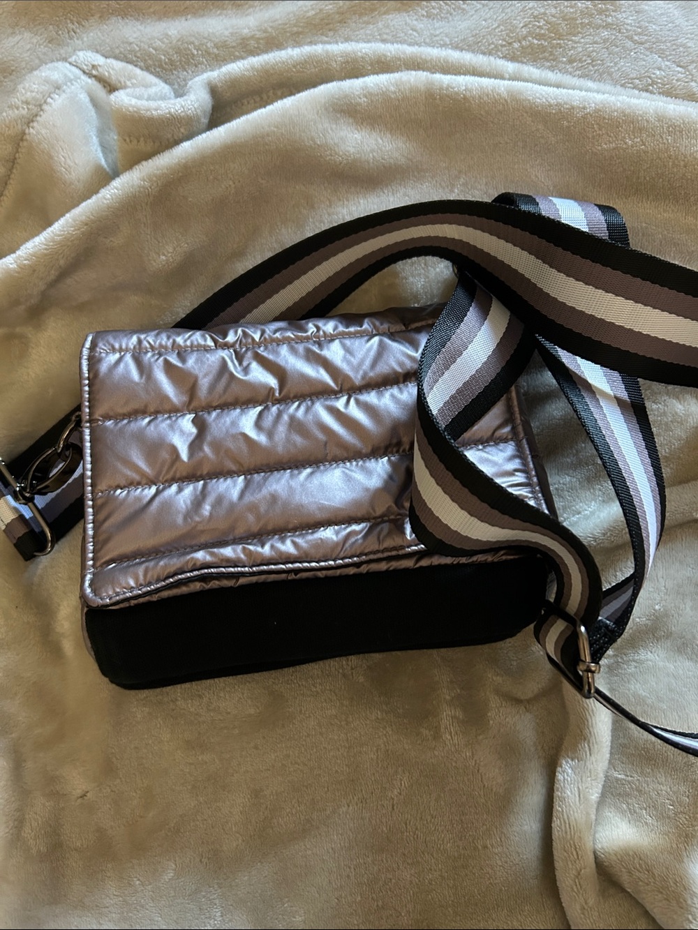 Quilted Metallic Silverish Purple Crossbody Bag with Striped Strap